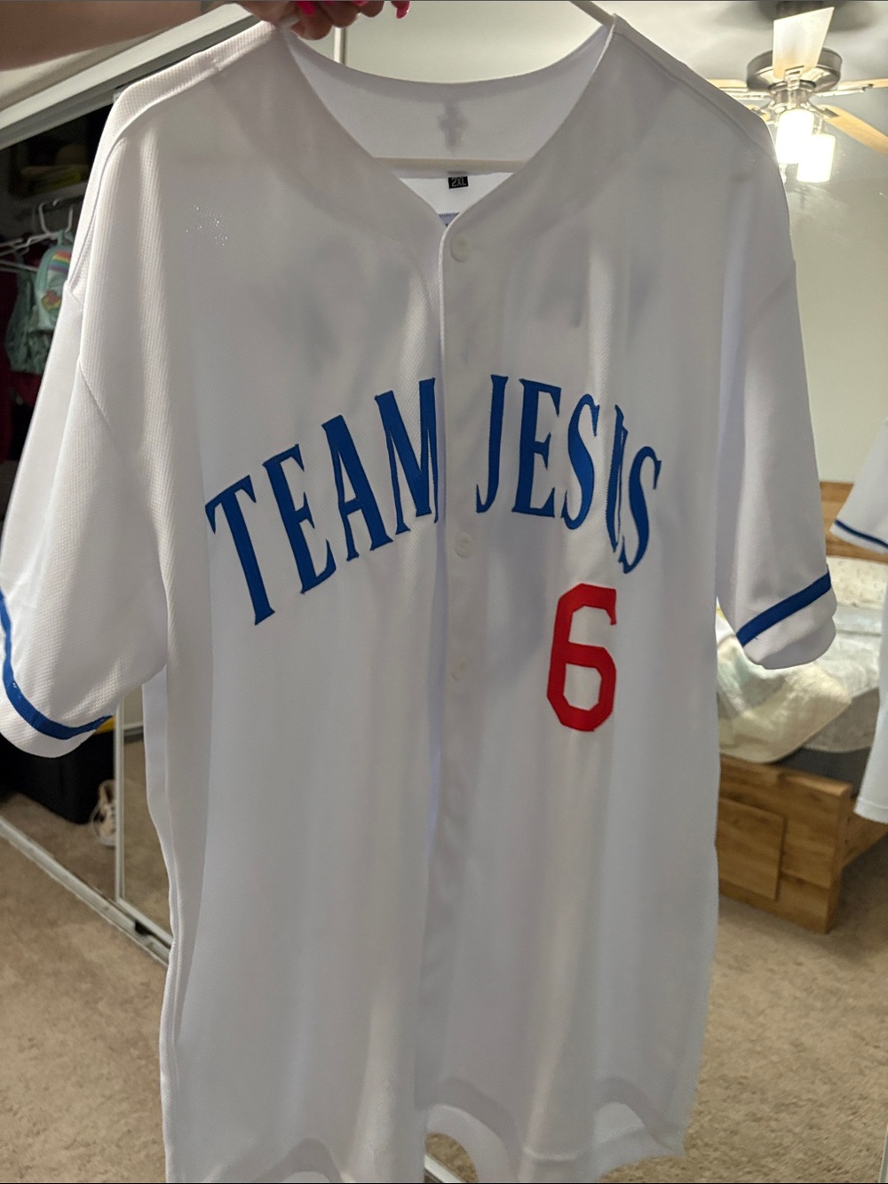 Majestic White 'Team Jesus' Jersey with Blue Lettering and Red Number